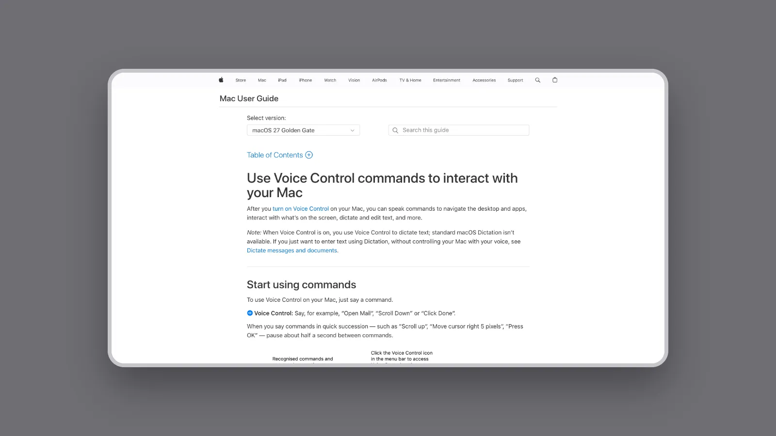 Apple Mac User Guide page for Voice Control commands