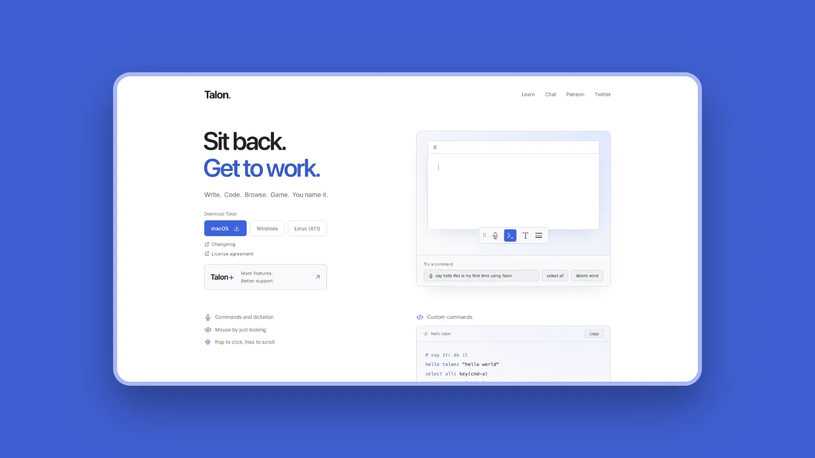Talon Voice hands-free computing app website