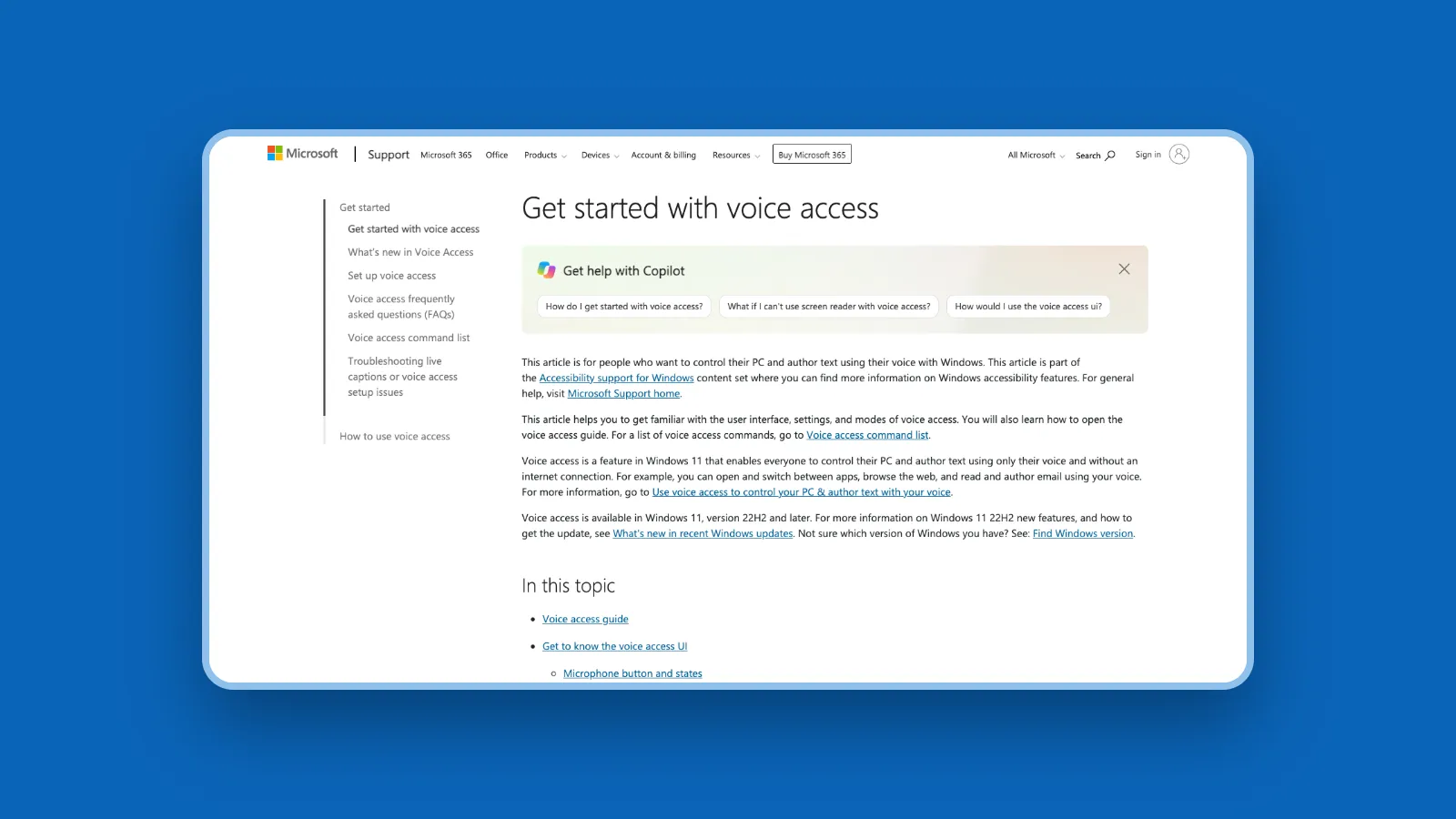 Microsoft support page for Windows 11 Voice Access