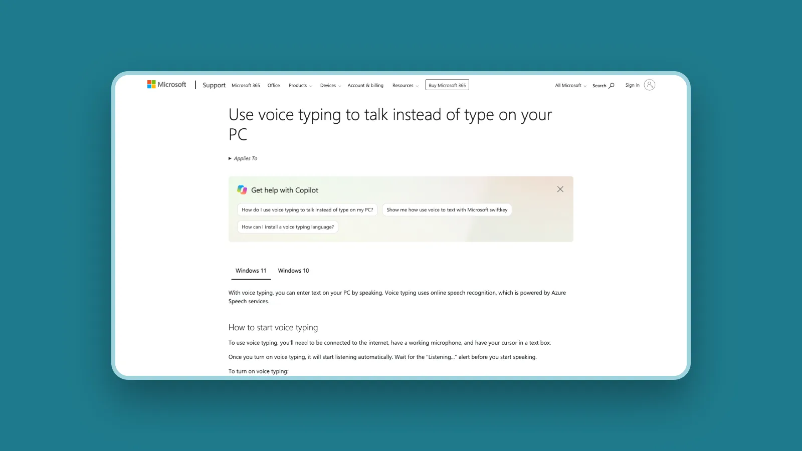 Microsoft support page for Windows voice typing