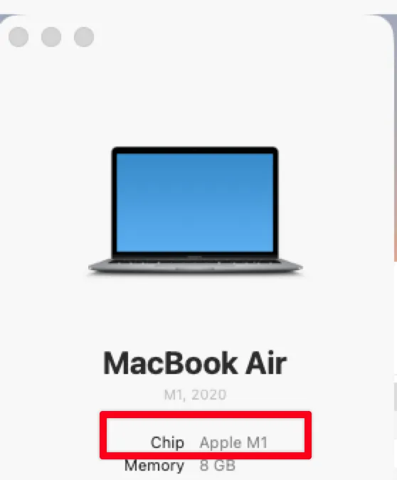 About This Mac window with the Chip row highlighted, showing Apple M1