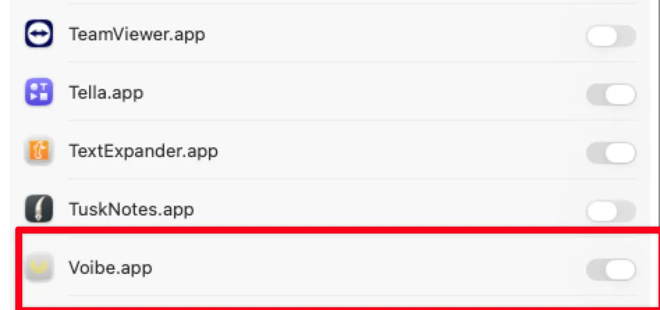 System Settings Accessibility panel with Voibe.app listed and its toggle highlighted