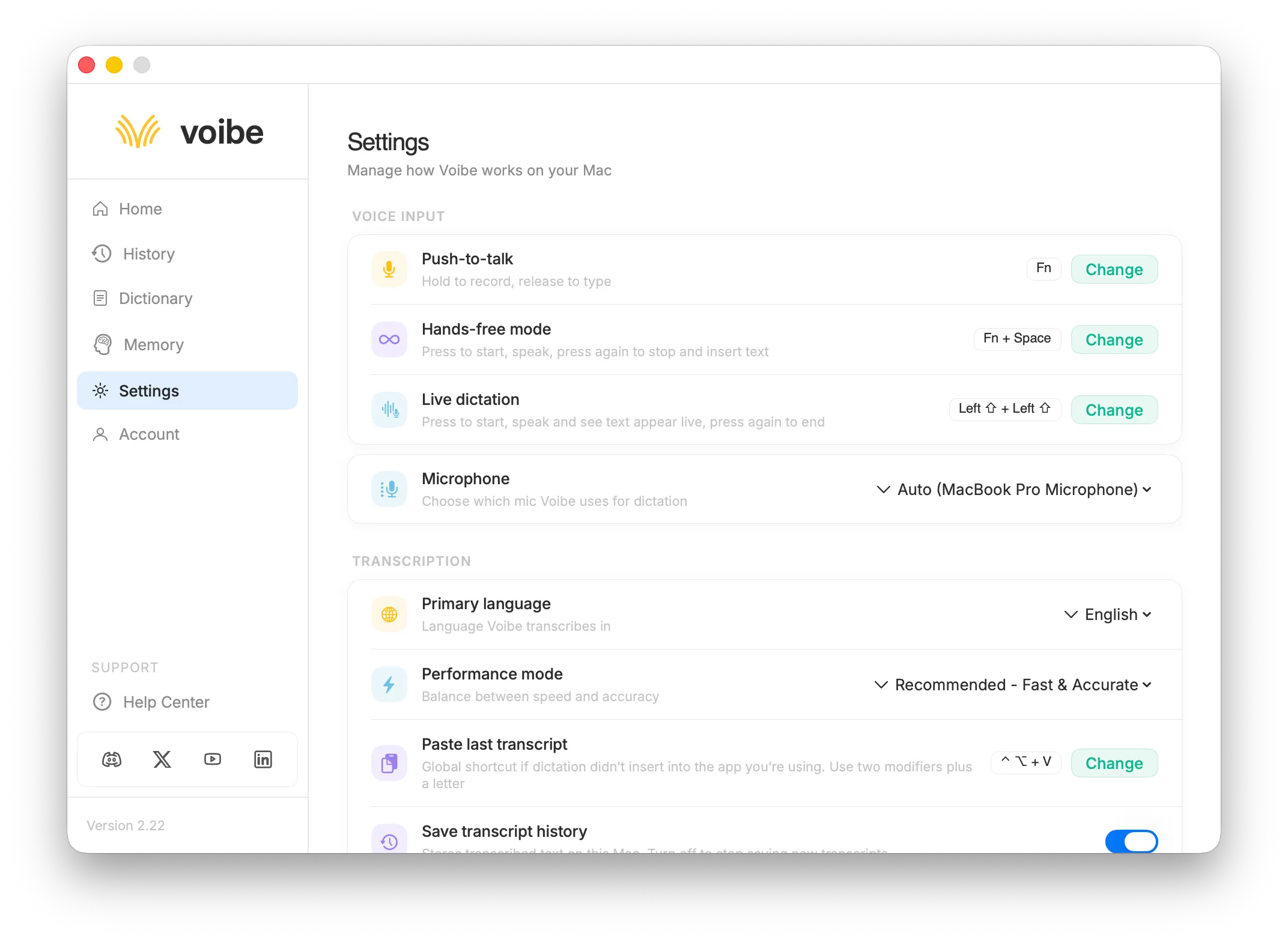 Voibe Settings screen showing Push-to-Talk, Hands-Free, and Live Dictation modes