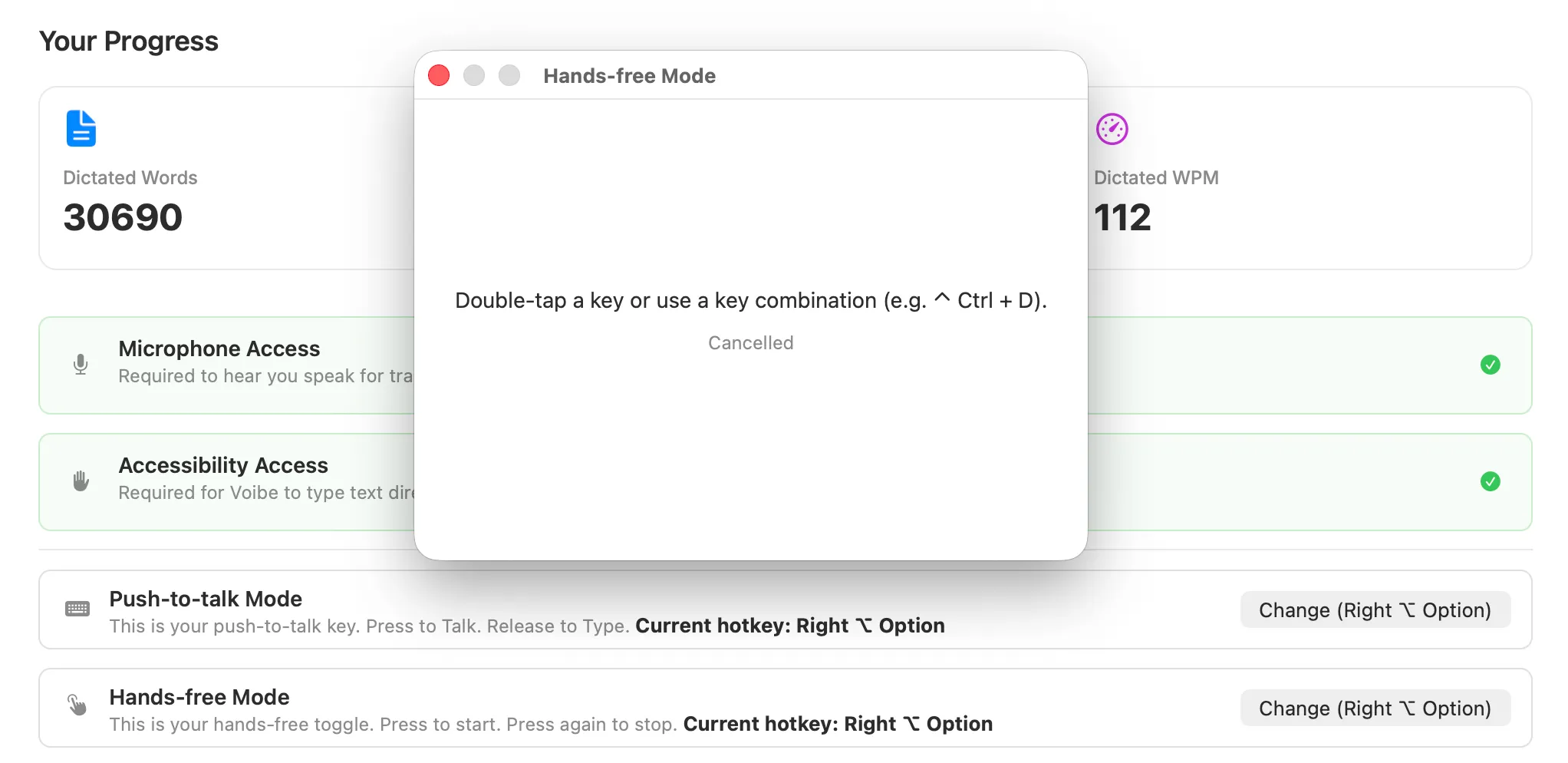 Voibe settings showing Push-to-Talk and Hands-Free mode configuration