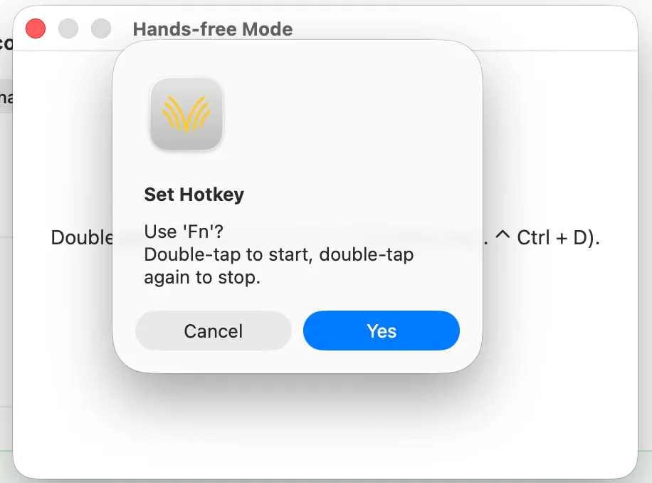 Voibe dialog confirming Fn double-tap for Hands-Free mode