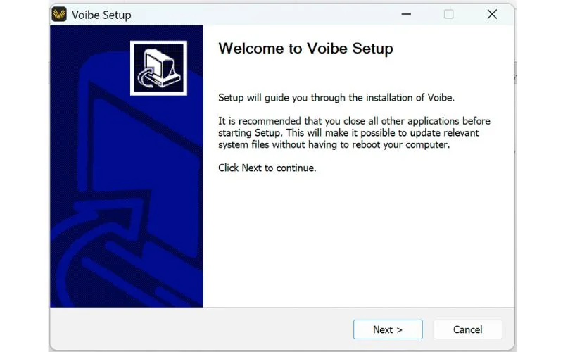 Voibe Setup wizard welcome screen