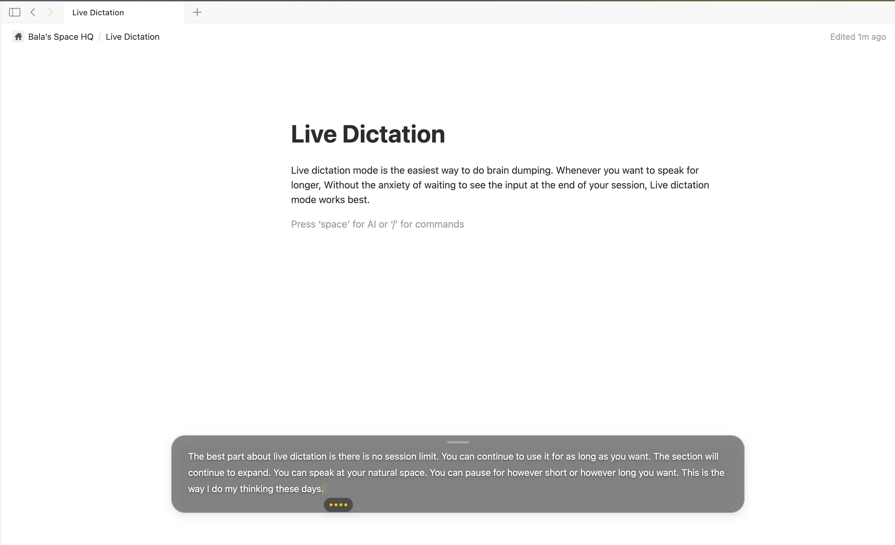 Voibe Live Dictation floating overlay showing transcribed text appearing in real time as you speak