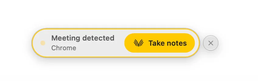 Voibe bar reading Meeting detected, Chrome, with a Take notes button and a close button.