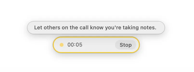 Voibe reminder reading Let others on the call know you're taking notes, above a recording bar with a timer and a Stop button.