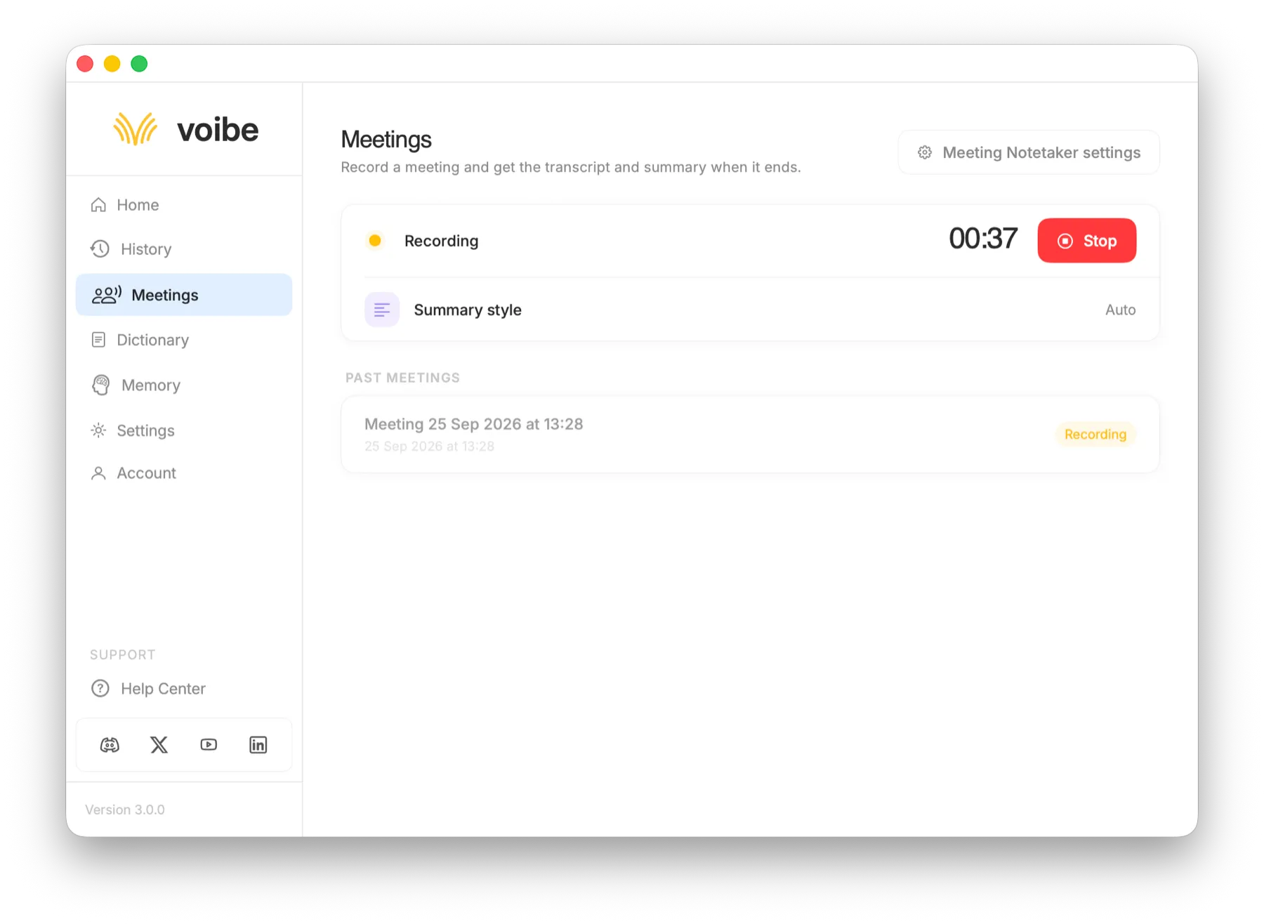 Meetings page in the Voibe app showing a meeting being recorded, with a timer, a Stop button, Summary style set to Auto, and a Meeting Notetaker settings button.
