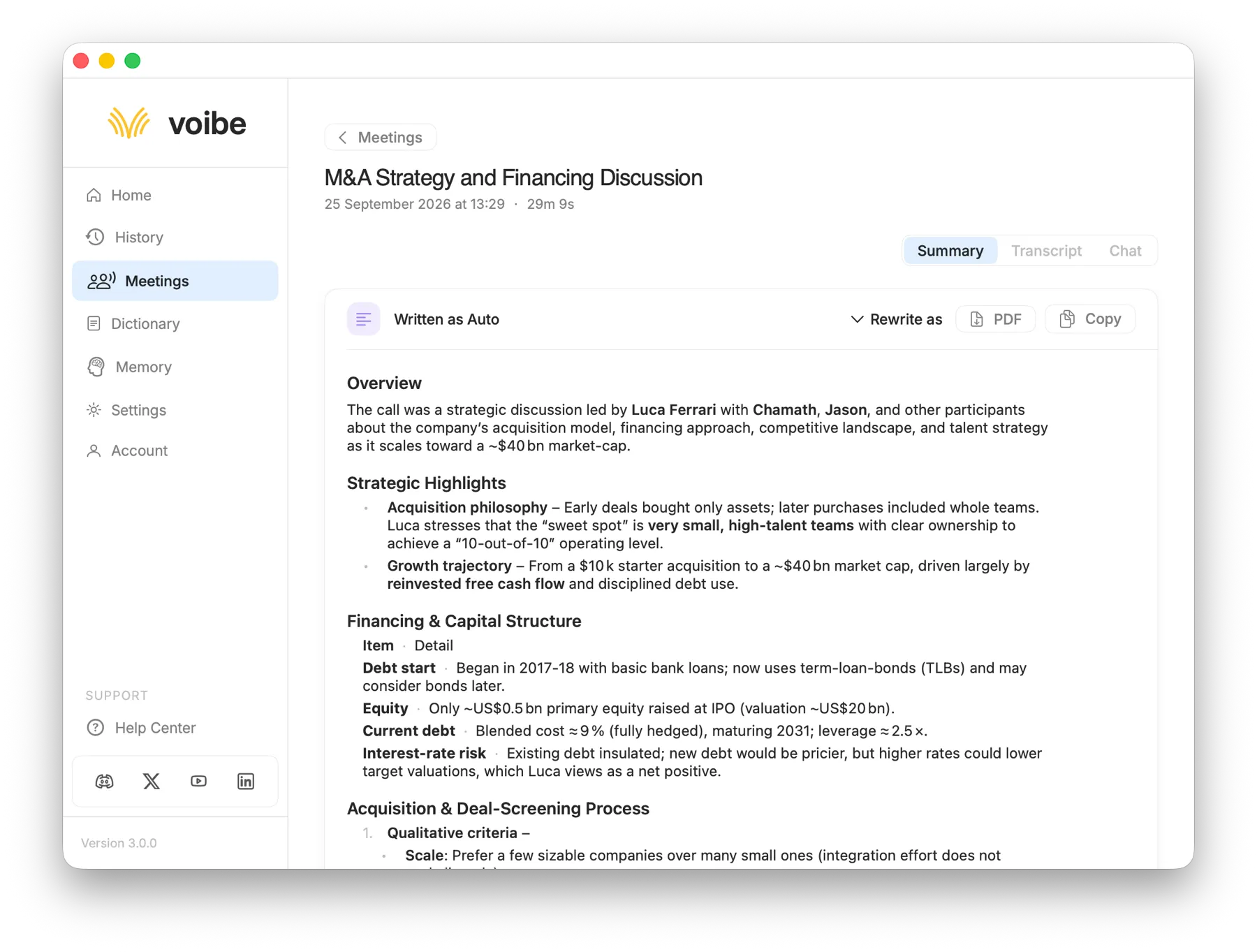 Summary tab of a meeting in Voibe, written as Auto, with Rewrite as, PDF and Copy buttons above an overview and highlights.