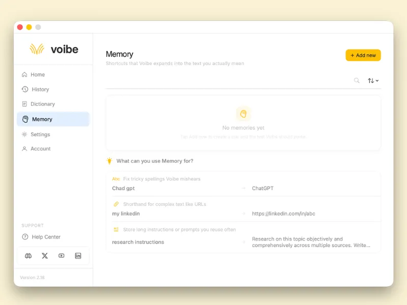 Voibe Memory panel showing key-value shortcuts