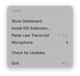 Voibe menu bar dropdown showing the Install IDE Extension item