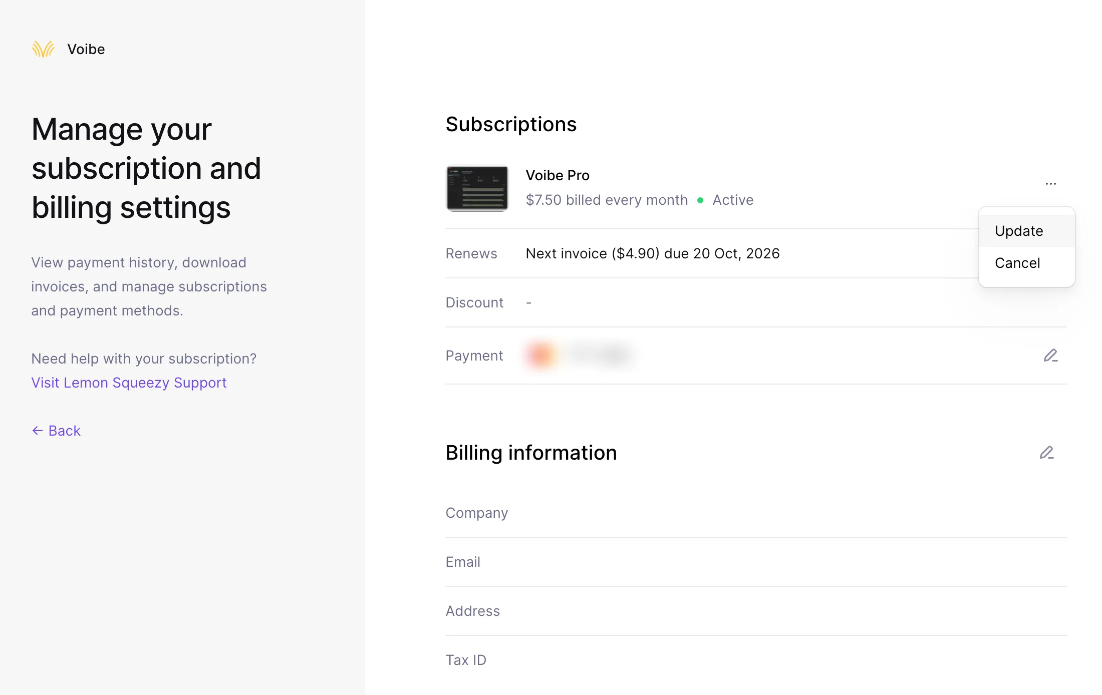 Voibe billing page showing the Voibe Pro subscription with the three dots menu open and Update highlighted.