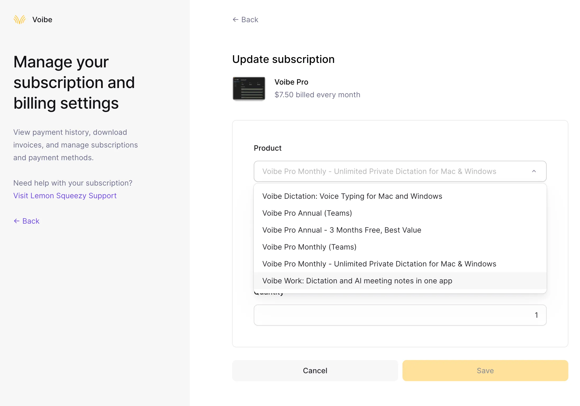 Update subscription page with the Product list open and Voibe Work highlighted.