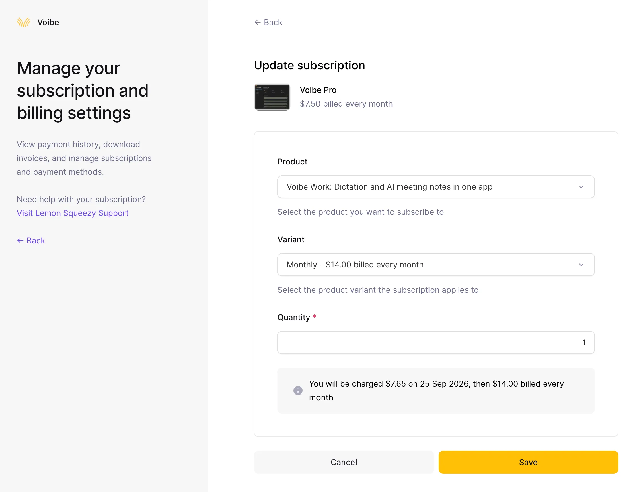 Update subscription page with Voibe Work Monthly selected, a note saying You will be charged $7.65 today then $14.00 billed every month, and the Save button.