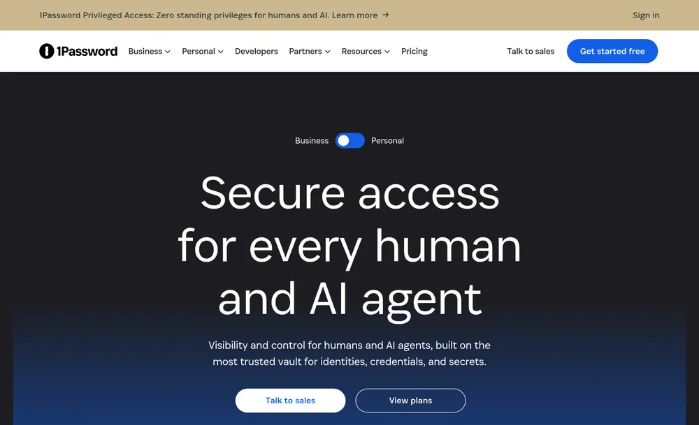 The 1Password website at 1password.com, headlined 'Secure access for every human and AI agent', for the SOC 2-certified, end-to-end encrypted password and secrets manager.