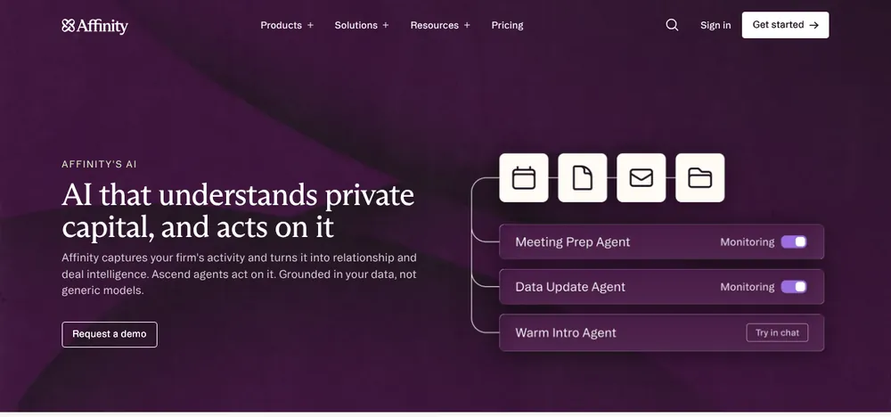 Affinity's AI page: 'AI that understands private capital, and acts on it', with Meeting Prep, Data Update and Warm Intro agents