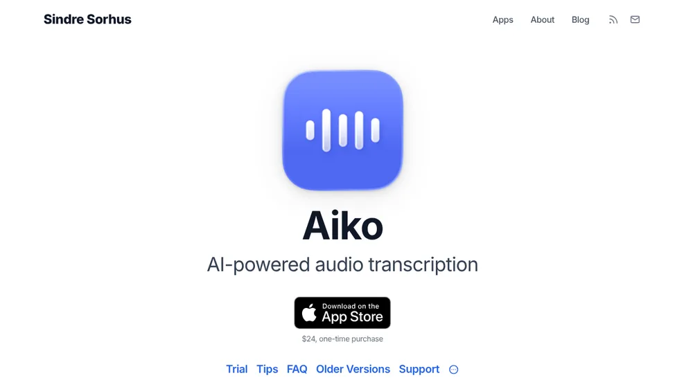 Aiko website by Sindre Sorhus: 'AI-powered audio transcription', with an App Store button and the note '$24, one-time purchase'