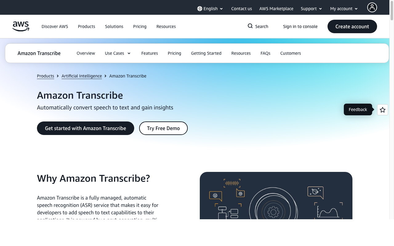 Amazon Transcribe product page showing AWS speech-to-text service with medical transcription support