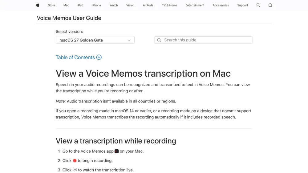 Apple's Voice Memos User Guide page 'View a Voice Memos transcription on Mac', noting that audio transcription isn't available in all countries or regions