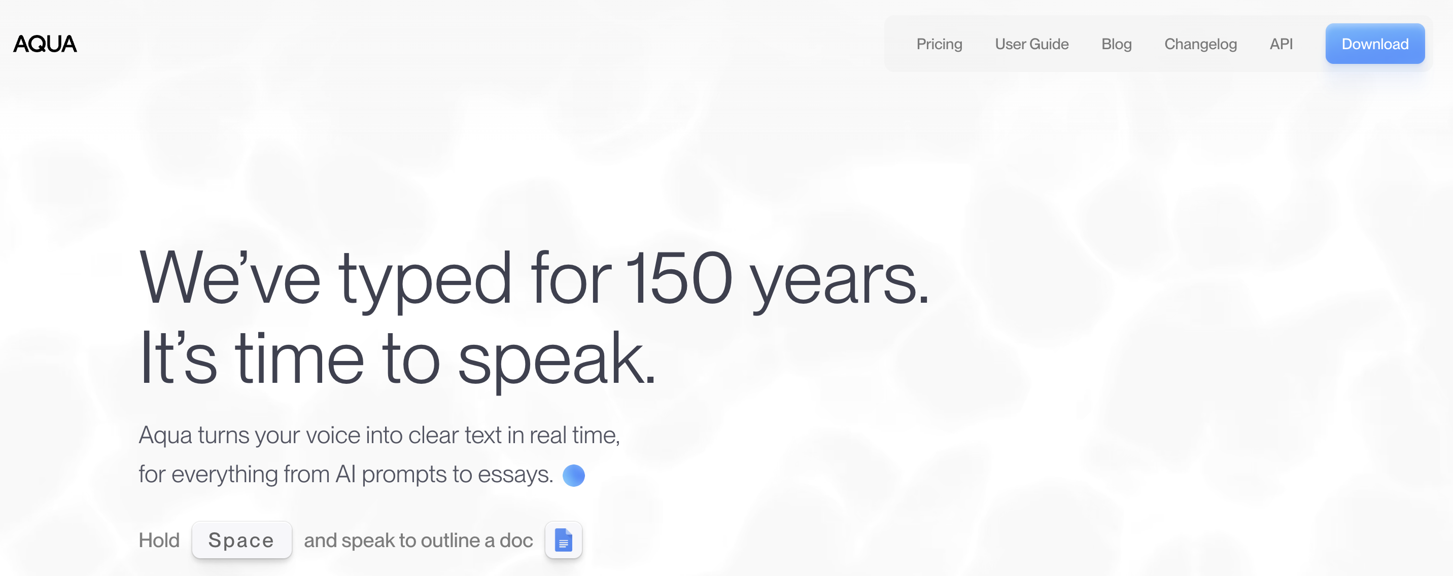 Aqua Voice dictation app interface showing cloud-based AI dictation with custom dictionary and real-time text display