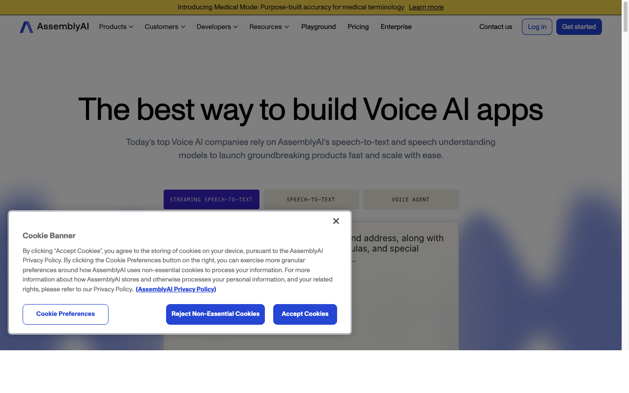 AssemblyAI homepage showing speech-to-text API with audio intelligence features
