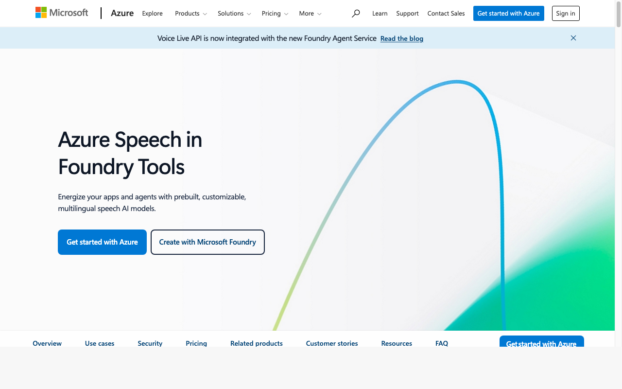 Azure Speech Services product page showing Microsoft's speech-to-text with hosted Whisper models