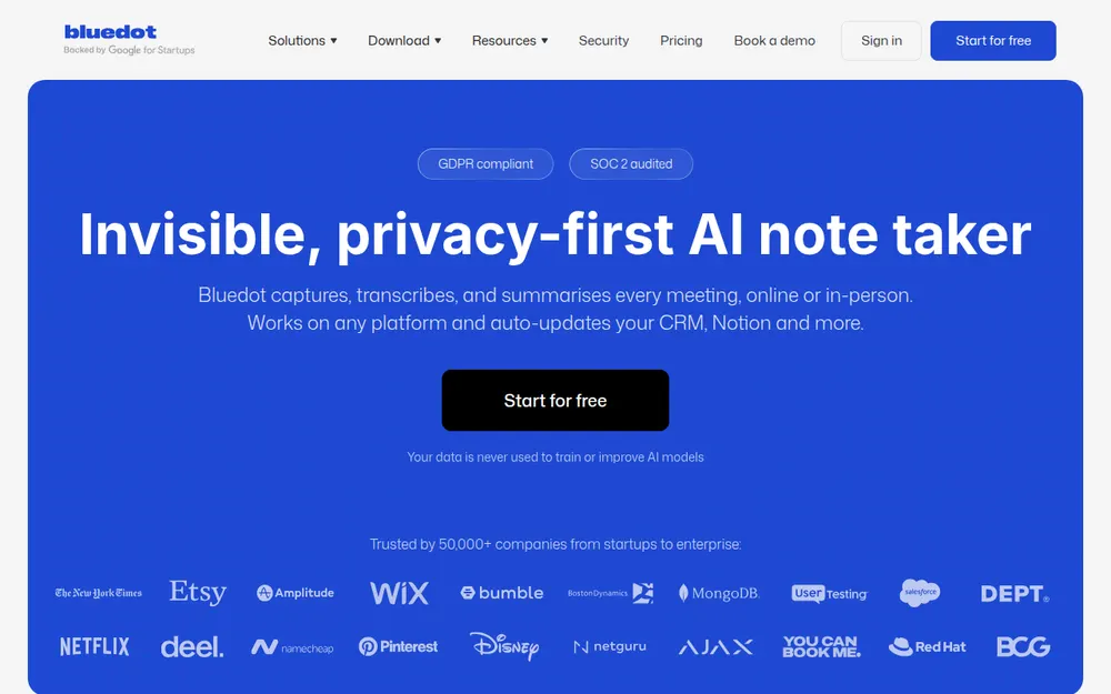 Bluedot homepage: 'Invisible, privacy-first AI note taker' with GDPR and SOC 2 badges