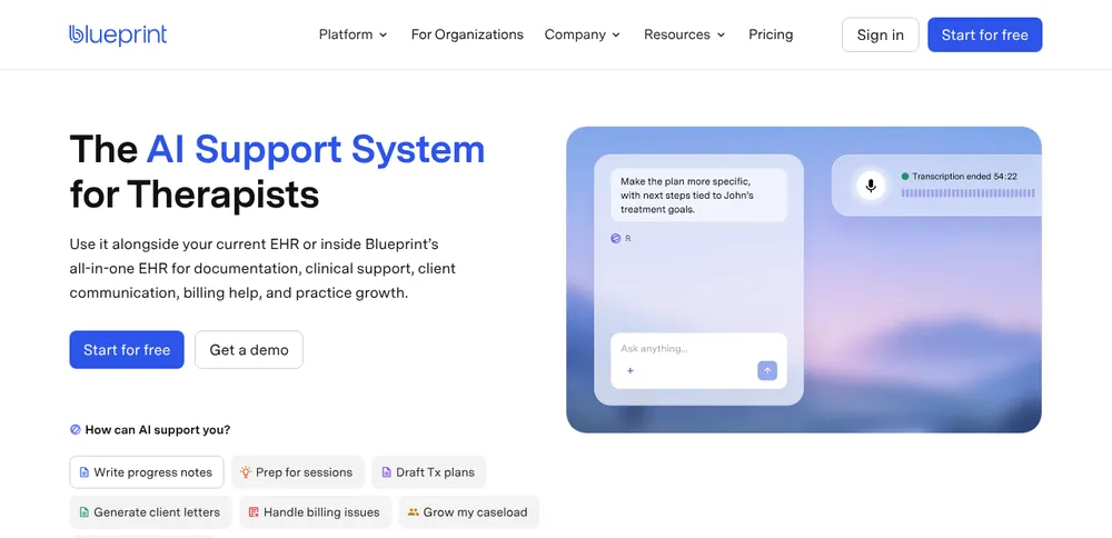 Blueprint homepage: 'The AI Support System for Therapists', for use alongside your current EHR or inside Blueprint's all-in-one EHR