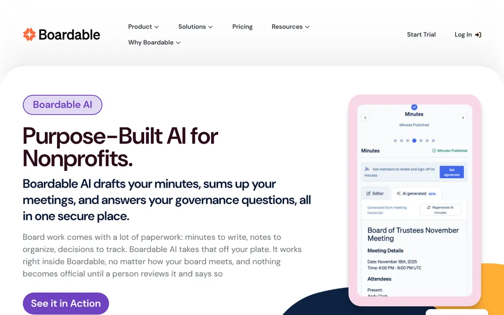 Boardable AI page on boardable.com: 'Purpose-Built AI for Nonprofits', with a phone showing AI-generated minutes for a Board of Trustees meeting
