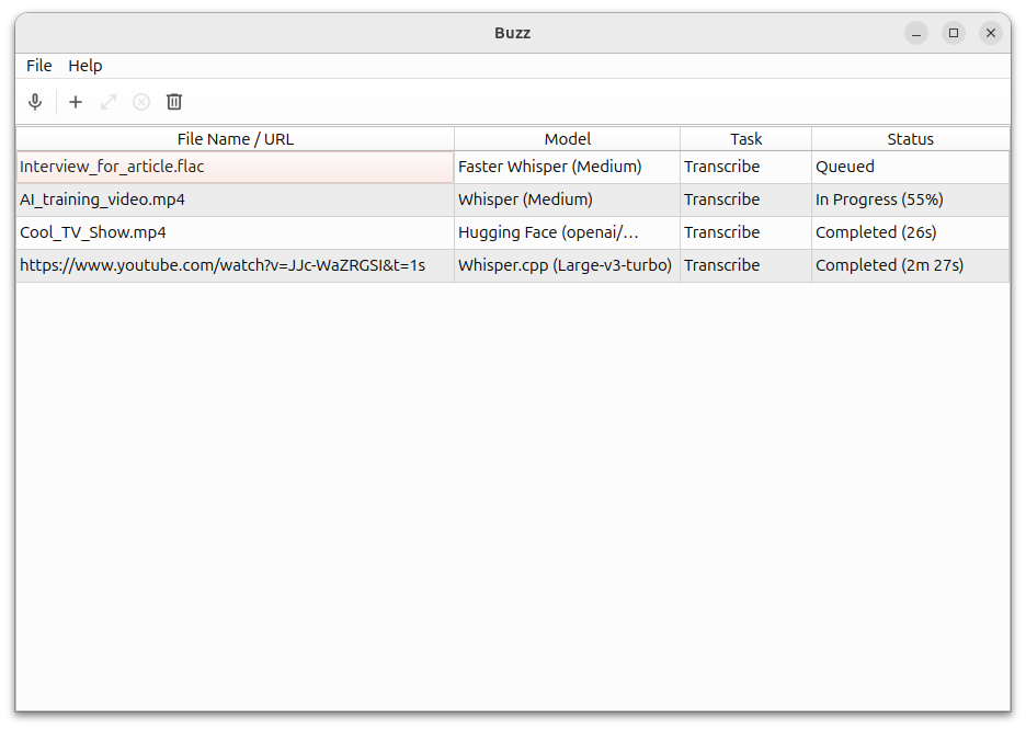 Buzz open-source desktop GUI for Whisper transcription showing the main file-transcription interface on macOS under MIT license