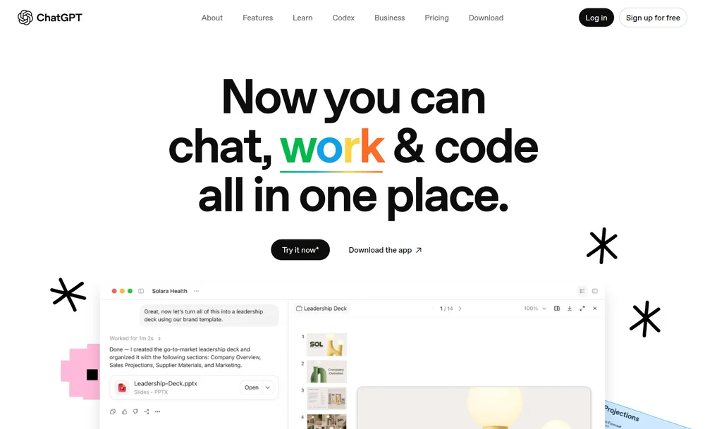 The ChatGPT website at openai.com, headlined 'Now you can chat, work & code all in one place', for OpenAI's assistant whose Business and Enterprise plans do not train on business data.