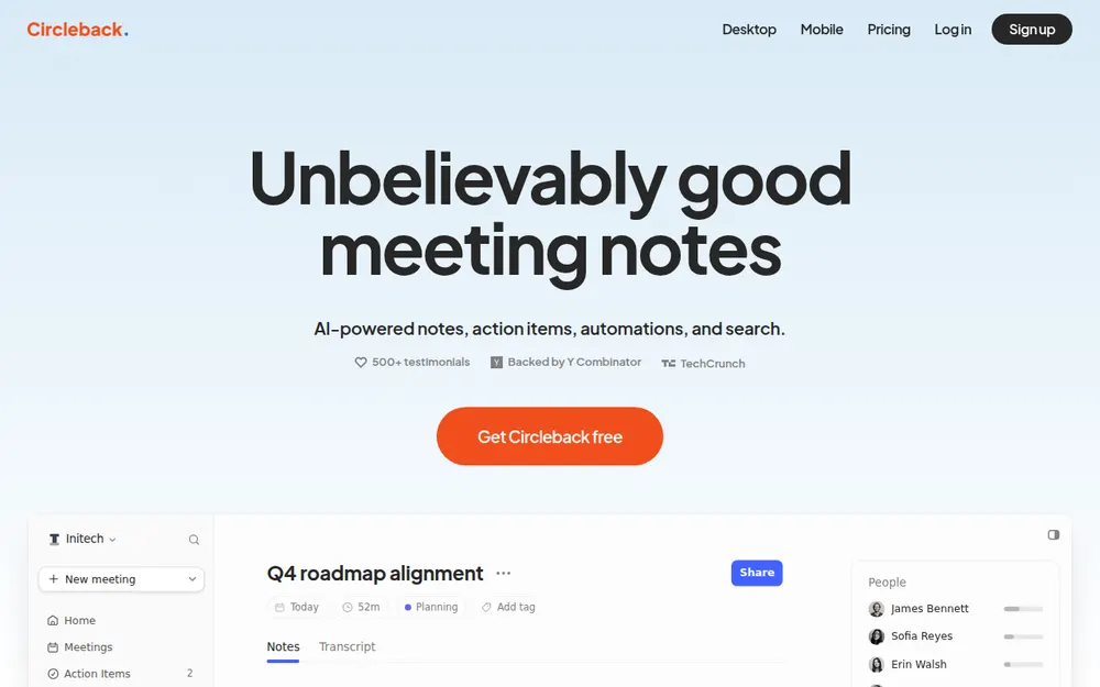 Circleback homepage: 'Unbelievably good meeting notes', AI-powered notes, action items, automations and search