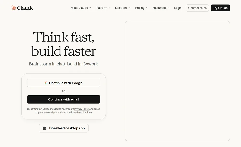 The Claude website at claude.com, headlined 'Think fast, build faster', for Anthropic's AI assistant whose Team and Enterprise plans are not used to train models.