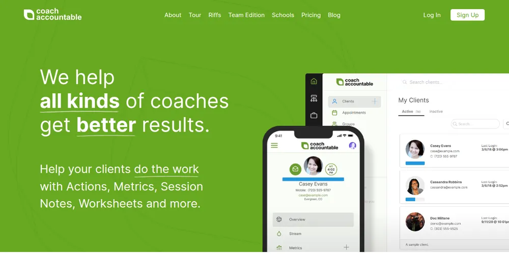CoachAccountable homepage on a green background with the headline We help all kinds of coaches get better results and screenshots of its client list and mobile app