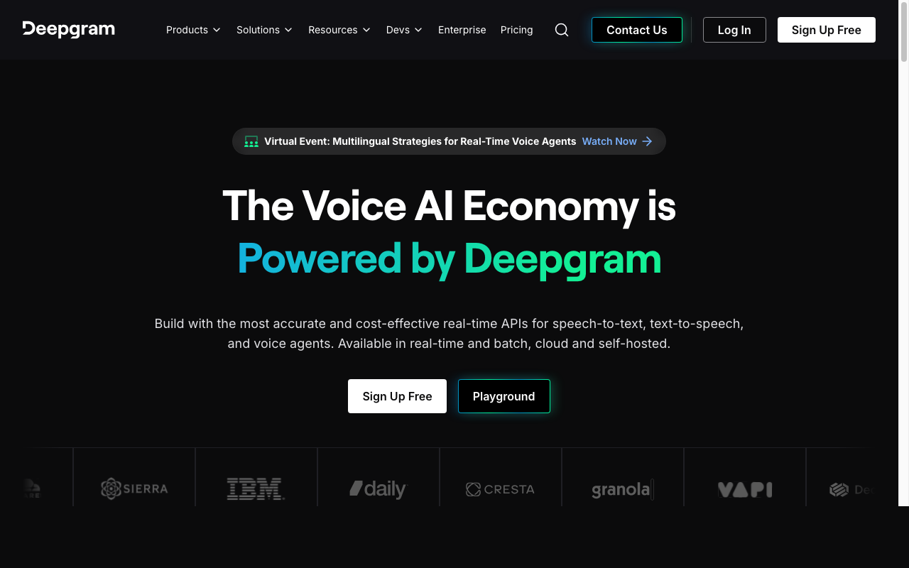 Deepgram homepage showing Nova-3 speech-to-text API for real-time streaming transcription