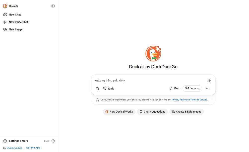 The Duck.ai chat interface by DuckDuckGo, prompting 'Ask anything privately', which anonymizes requests to model providers and stores no chats.
