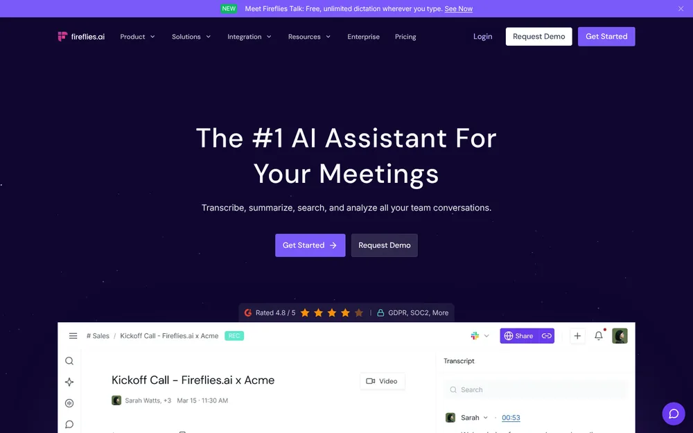 Fireflies.ai homepage: 'The #1 AI Assistant For Your Meetings', with a banner reading 'Meet Fireflies Talk: Free, unlimited dictation wherever you type'
