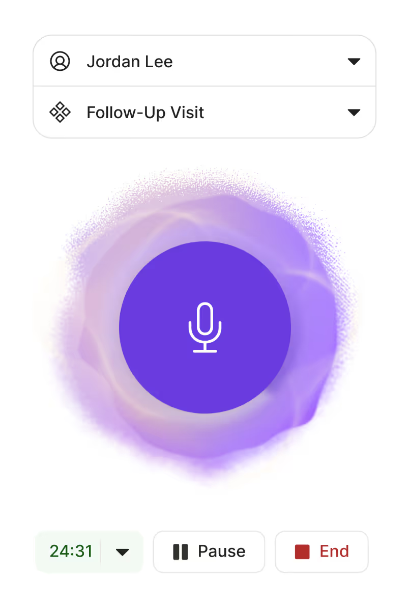 Freed AI ambient medical scribe recording interface showing a patient visit with pause and end controls
