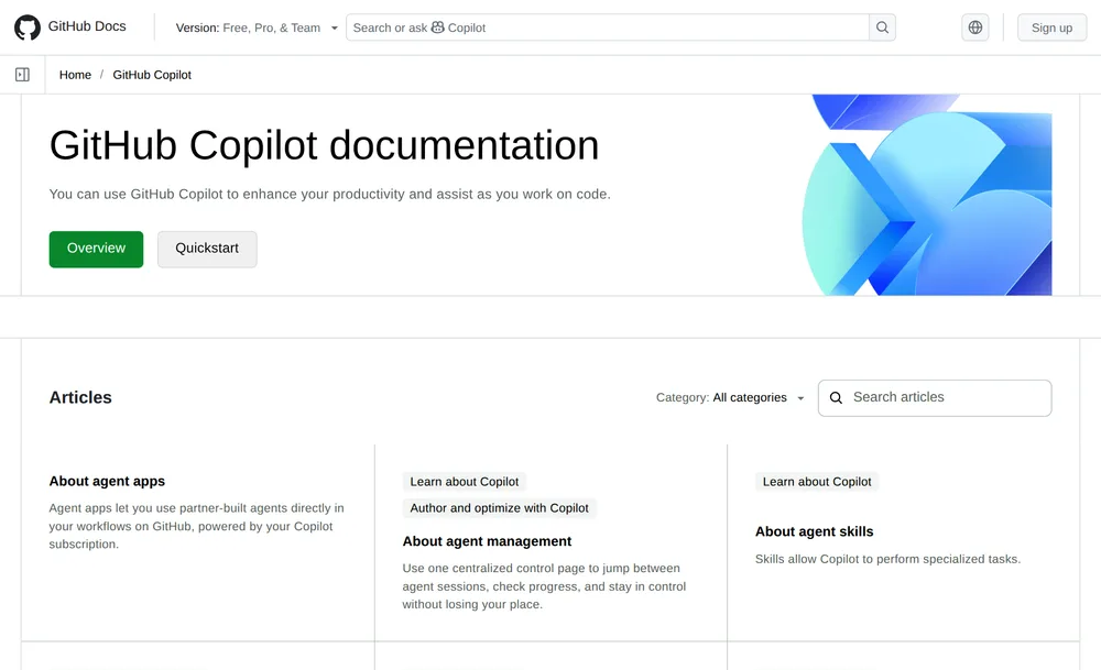 GitHub Copilot documentation on docs.github.com, for the AI coding assistant whose Business and Enterprise plans do not use your code for training.