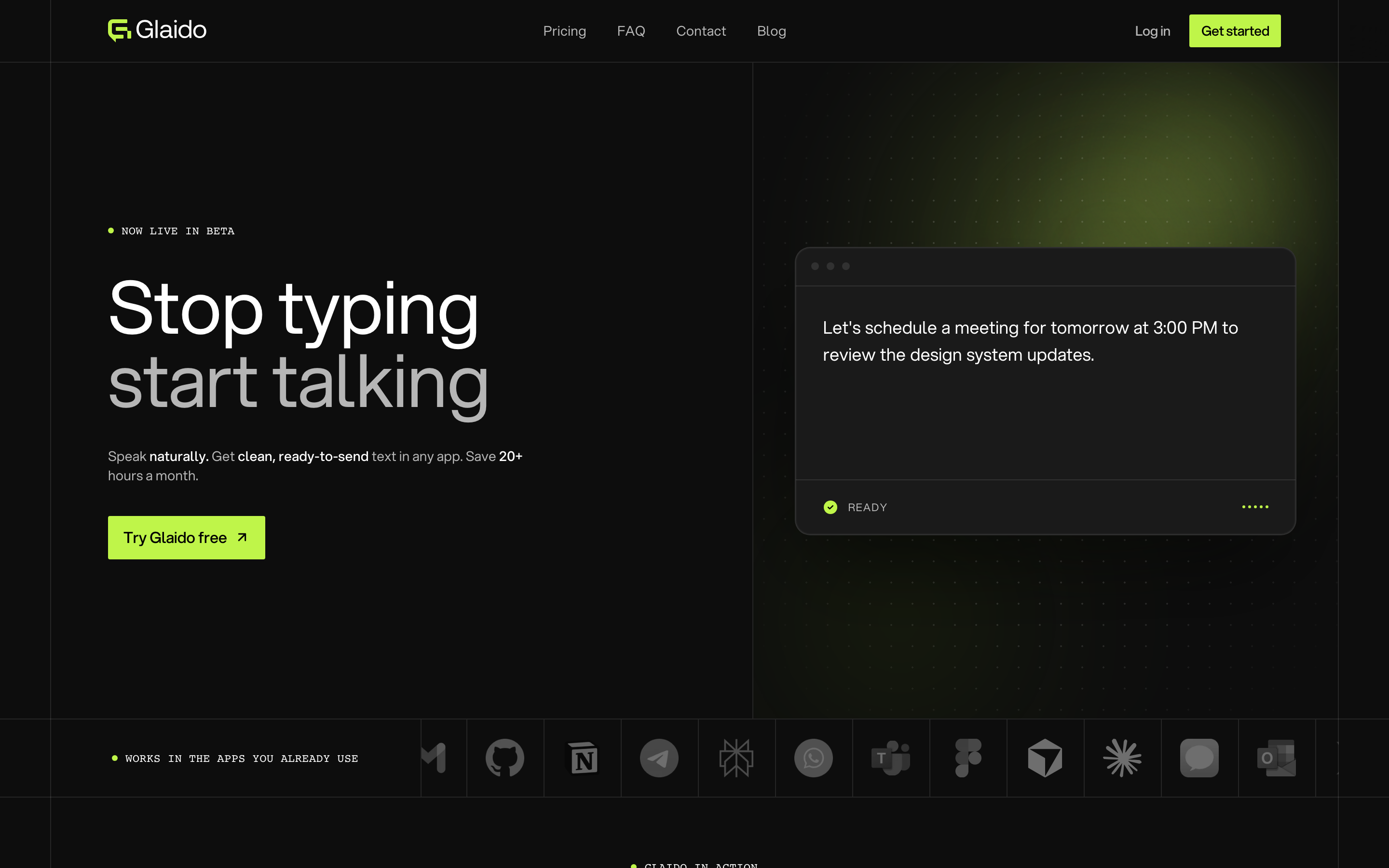 Glaido homepage (glaido.com) โ brand-new (May 2026) Mac-only AI dictation product from solo developer Jack Roberts with the 'Stop typing, start talking' hero headline, a demo card showing dictated text, and the 'Now Live in Beta' tag. Free tier and $20/month Pro with Agent Mode (Beta) for AI-assisted workflows.