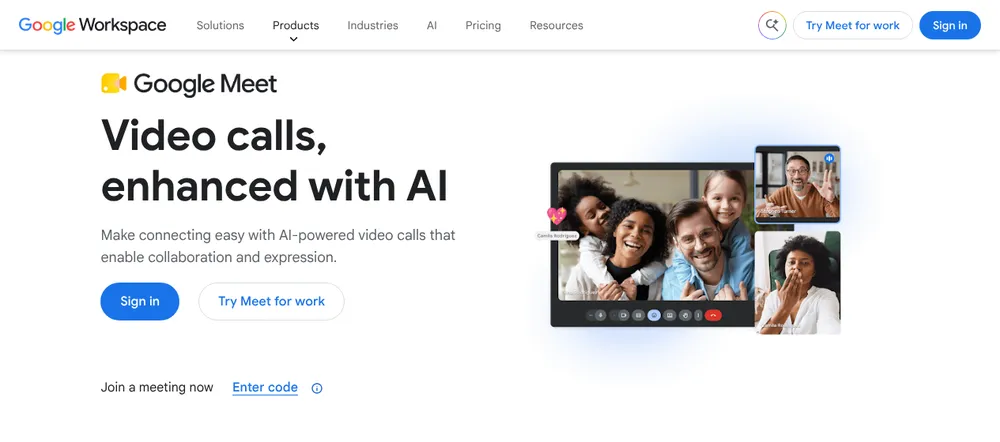 Google Meet product page: 'Video calls, enhanced with AI', with a Gemini in Meet tab