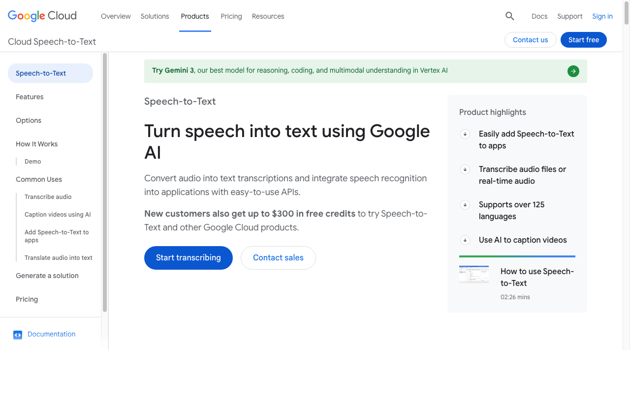 Google Cloud Speech-to-Text product page showing Chirp 3 model with 100+ language support