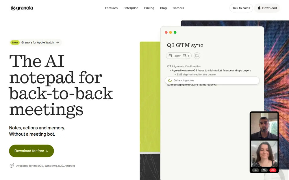 Granola homepage: 'The AI notepad for back-to-back meetings. Notes, actions and memory. Without a meeting bot.'