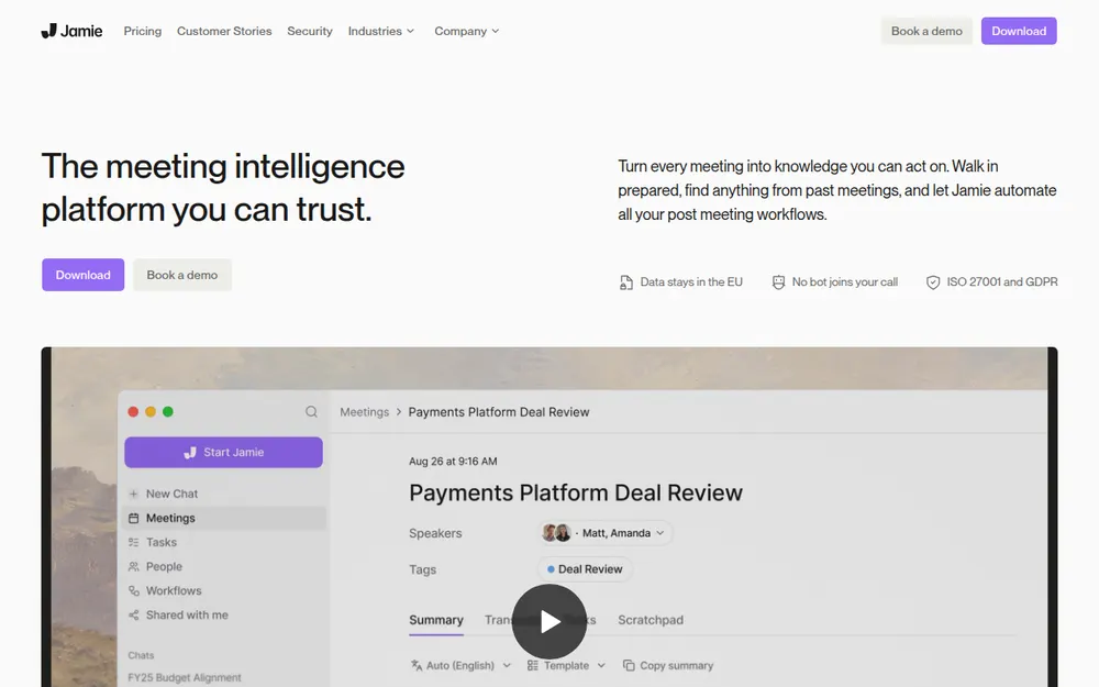 Jamie homepage: 'The meeting intelligence platform you can trust', with badges for data staying in the EU, no bot joining your call, and ISO 27001 and GDPR