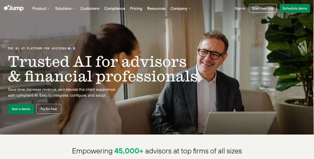 Jump website: 'Trusted AI for advisors & financial professionals', with See a demo and Try for free buttons above logos of LPL Financial, Equitable Advisors, Allianz, John Hancock, Merit Financial Advisors and Osaic