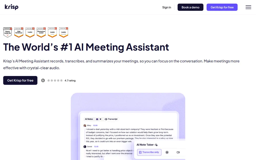 Krisp homepage: 'The World's #1 AI Meeting Assistant', which records, transcribes and summarizes meetings