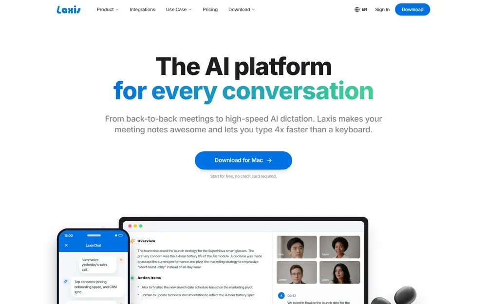Laxis homepage: 'The AI platform for every conversation. From back-to-back meetings to high-speed AI dictation. Laxis makes your meeting notes awesome and lets you type 4x faster than a keyboard', with a Download for Mac button, a meeting summary and a phone chat
