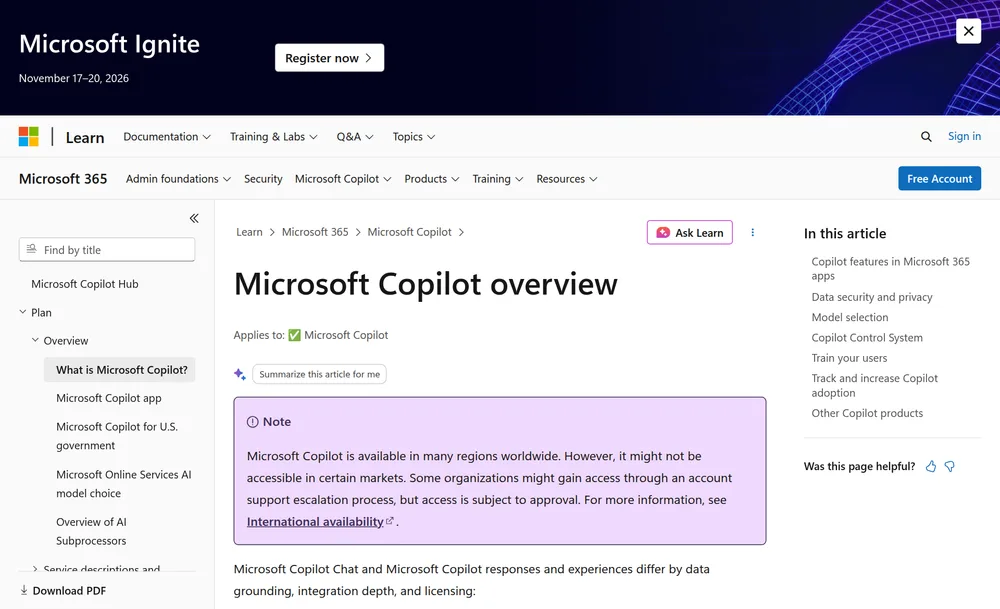 Microsoft Learn's 'Microsoft Copilot overview' page documenting Microsoft 365 Copilot, which keeps prompts and tenant data inside your Microsoft 365 boundary.